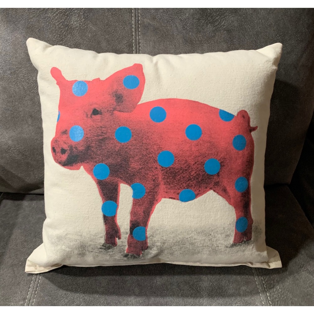Farmhouse Pink Polka Dot Rustic Pig Funky Pillow Canvas Cotton USA Decor 13x13